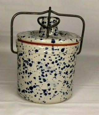 Vintage Blue Speckle Stoneware Cheese Crock With Wire Bail Lid