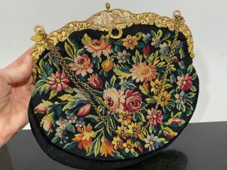 Vintage Victorian Embroidered Floral Petit Point Evening Handbag Purse