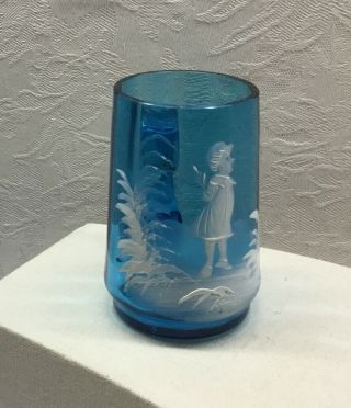 Mary Gregory Turquoise Glass Mug - Girl In Garden,  Applied Handle,  3.  5” Hgt
