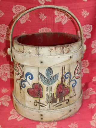 Antique Primitive Folk Art Painted Wooden Firkin Bucket Pantry Box