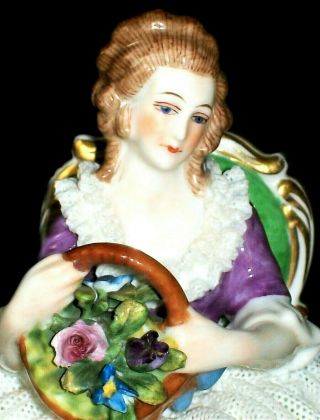 Antique German Art Deco Dresden Lace Lady Doll With Flowers Porcelain Figurine