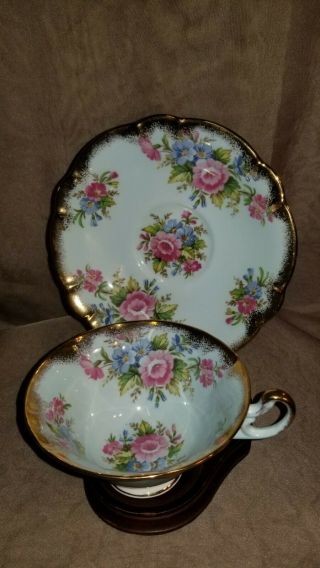 Stunning Wide Mouth Vintage Eb Foley English Tea Cup & Saucer Roses Pale Blue
