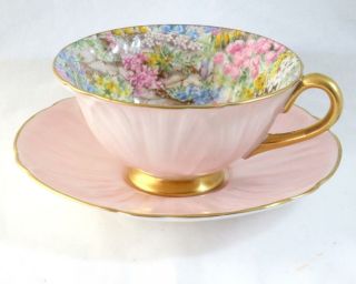 Vtg Shelley Pink “rock Garden” Chintz Oleander Shaped Tea Cup & Saucer 17415/59