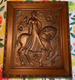 Art Deco Hand Carved Antique Mahogany Panel Of Woman On Horseback