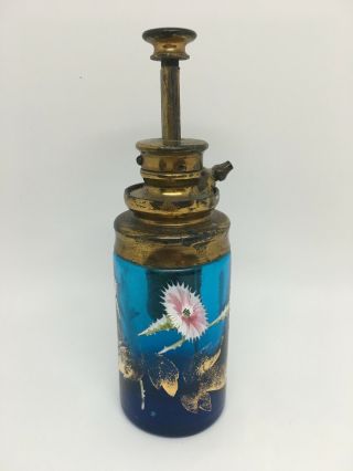 Antique Atomizer Perfume Dark Blue Glass Painted Flowers