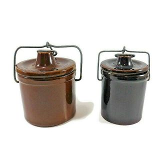 2 Vintage Brown Glaze Stoneware Cheese Butter Crocks Metal Wire Clamp Lids