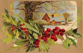 Holly By Snowy Home Scene On Old Christmas Pc - Merry Christmas Series 403