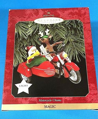 Hallmark " Motorcycle Chums " Santa On Motorcycle With Light Ornament 1997