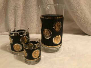 Set Of 3 Vintage Coin Design Barware Cocktail Pitcher &glasses Gold/black 1960 
