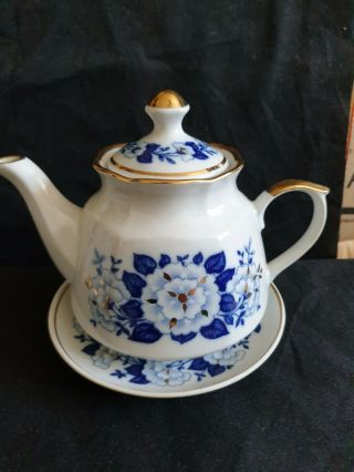 Vintage Latvia Riga Rpr Ussr Porcelain Teapot Blue White Gold Plate Goldplated