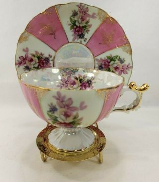 Made In Japan Tea Cup And Saucer Iridescent Gold Rim Pink Roses