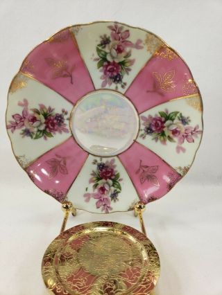 Made In Japan Tea Cup and Saucer Iridescent Gold Rim Pink Roses 3
