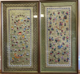 Old Vintage Antique Chinese Silk 100 Kids Hand Embroidery Wall Panel