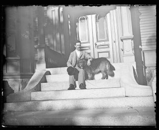 Late 1800s Early 1900s Glass Negative,  Man With Dog,  Unknown Location