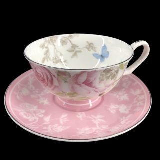 Vintage Stechcol Gracie Bone China Teacup And Saucer Pink Roses Blue Butterflies