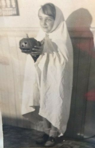 Early Halloween Photos Child in Ghost Costume Holds Jack O Lantern 1930s 3