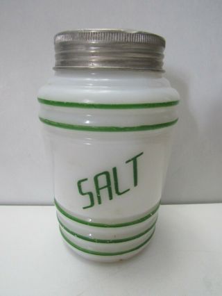 Vintage White Milk Glass Salt Shaker Ribbed Beehive Green Stripes