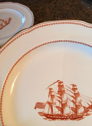 (6) Spode Trade Winds Red Dinner Plates 10 1/4 " Scalloped W/ Gold Trim Vtg