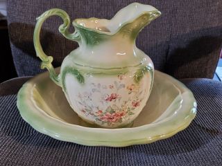 Vintage Arnel’s Large Porcelain Water Pitcher And Basin Bowl Floral Print
