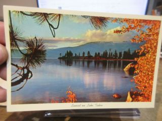 Vintage Old Postcard Nevada Lake Tahoe Sunset Autumn Fall Foliage Orange Leaves