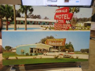Vintage Old Postcard Florida Lake City Moon Glo Motel Chuck Wagon Restaurant Car