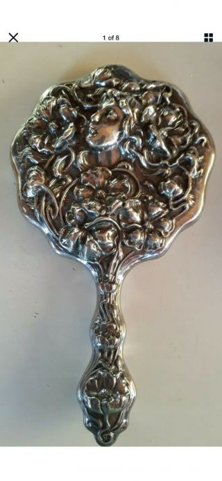 Vintage Sterling Silver Hand Mirror Lady Sunflowers Relief Beveled 10 " Perfect