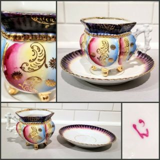 Vintage Antique 4 Footed Tea Cup Hand Painted Purple/pink Gold Trim Porcelain L 