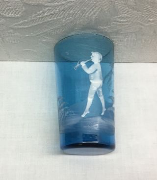 Antique Mary Gregory Turquoise Glass Tumbler - Hand Painted Boy With Horn,  3.  75”