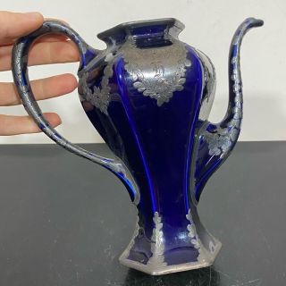 999 Fine Silver Ornate Overlay On Cobalt Blue Porcelain Gooseneck Pitcher Teapot