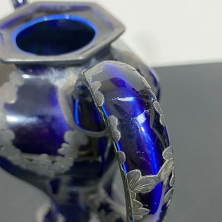 999 Fine Silver Ornate Overlay On Cobalt Blue Porcelain Gooseneck Pitcher Teapot 2