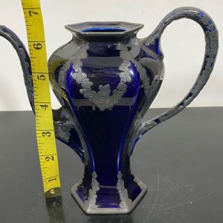 999 Fine Silver Ornate Overlay On Cobalt Blue Porcelain Gooseneck Pitcher Teapot 3