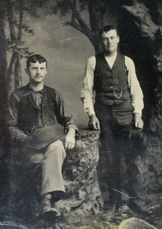 Antique American Two Young Men Hold Hats In The Woods Tintype Photo