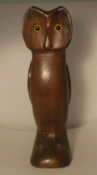 Vintage 7 " Tall Hand Carved Wood Owl Figurine Mid Century Glass Eyes Estate Find