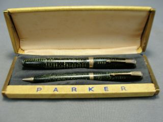 Vintage Parker Vacumatic Pen And Pencil Set In Case Green Pearl Blue Diamond