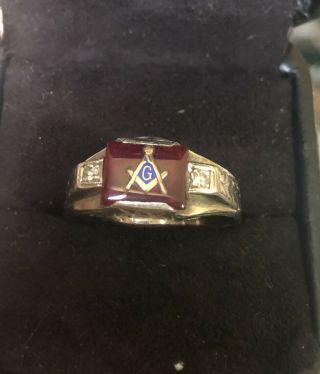 Vintage 14k White Gold Masonic Mason Ring Ruby&2 Diamonds Size 13 App