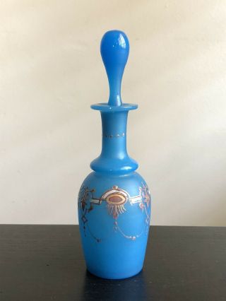 Antique French Blue Opaline Glass Lidded Bottle Perfume Painted Art