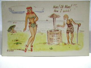 1950s Risque Postcard Old Man At Wishing Well,  Girl In Bikini - Oh Man How I Wish