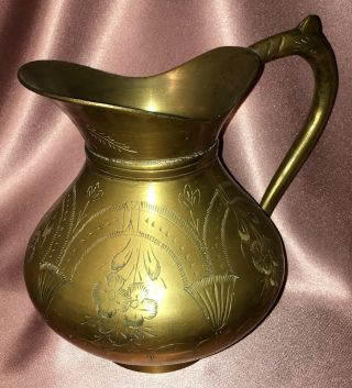 Estate Collectable Old Brass Ornate Etched Jug Urn Vase Vintage India