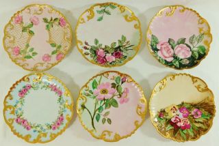 Set 6 Antique/vtg Limoges France Hand Painted Floral Gold Trim Dessert Plates