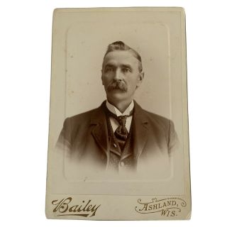 Antique Cabinet Card Photograph Man Mustache Ashland Wisconsin Id Gust Hauson