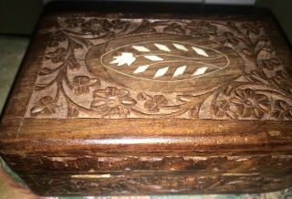 Vintage Hand - Carved Wooden Inlaid Trinket Jewelry Box Snug Fitting Hinged Top