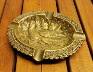 Heavy Vintage Bronze Cigar Ash Tray With Decorations Of Singing Bird C.  1920