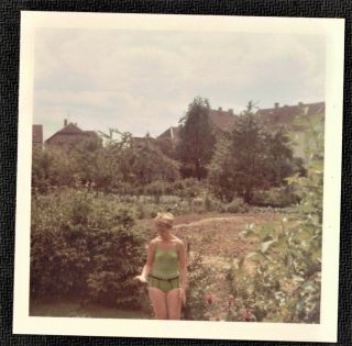 Antique Vintage Photograph Sexy Woman In Bathing Suit Standing In Garden