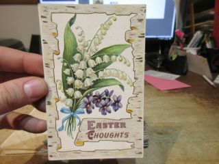 Old Postcard Victorian Era Happy Easter Sunday Bouquet Of Flowers White Purple