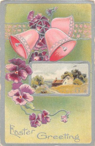 Purple Pansies & Pretty Pink Bells By Rural Home Scene On Old Easter Postcard