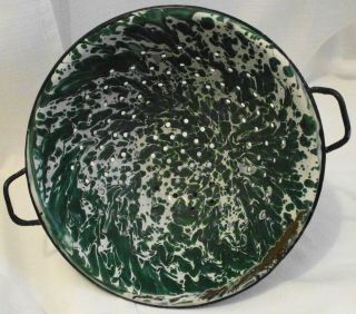 Vintage Green And White Swirl Graniteware Enamelware Colander Rare (623)