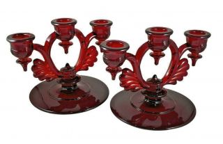 Martinsville Moondrops Ruby Red Triple Candlestick Holder Pair Vintage