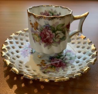 Vintage Lattice Footed Demitasse Swirled Floral Cup And Saucer With Gold Trim