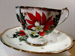 Vintage Queen Anne Fine Bone China " Noel " Tea Cup And Saucer Christmas Gold Trim