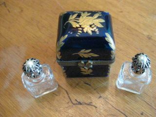 Peint A La Main Limoges France Blue Gold Gilt Enamel Perfume Bottles Trinket Box